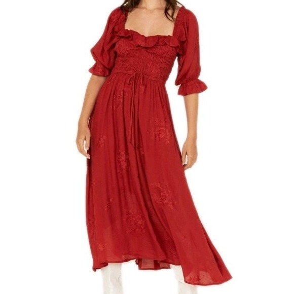 Wild Moss Womens Milk Maid Dress Sz Medium Burgundy Red Smocked Embroidered Boho - Picture 2 of 16